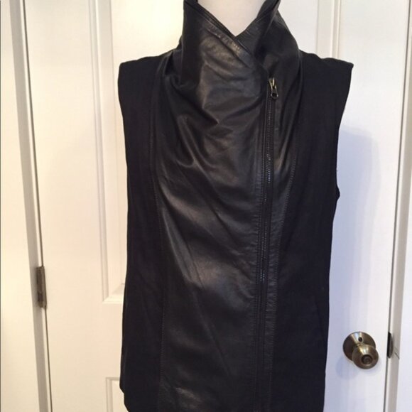 VINCE VEST ZIP JACKET BLACK LEATHER LINEN BLEND SLEEVELESS COAT Size M - Picture 1 of 11